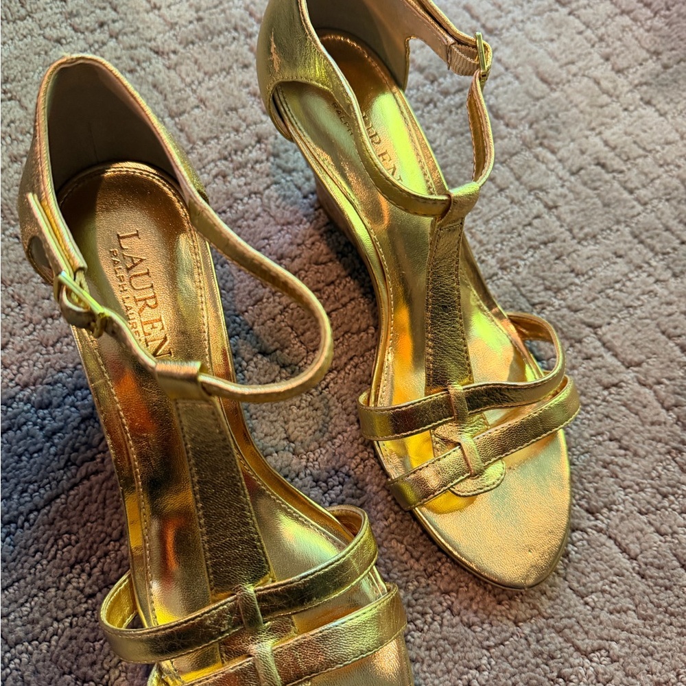 Lauren Ralph Lauren Metallic Gold T-Strap Heeled Sandals